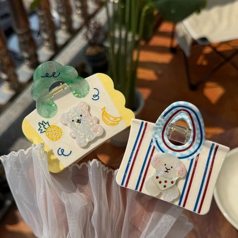Carino Molla per Capelli a Forma di Borsa in Acetato per Donna Cartone Animato Orso Ananas Striscia Grande Clip a Squalo Accessori per Capelli in Strass Fatti a Mano