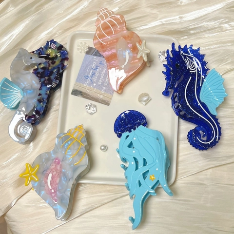 Neue Sommer Ozean-Serie Acetat Haarkralle Niedlich Seepferdchen Qualle Meerschnecke Sternfisch Glitzer Haarschmuck Für Damen