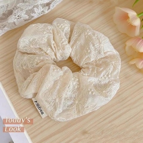 Vintage Pizzo Ricamo Scrunchie Fiocco Accessori per Capelli Donna Stile Pastorale Francese Tessuto Fatto a Mano Floreale Corda per Capelli
