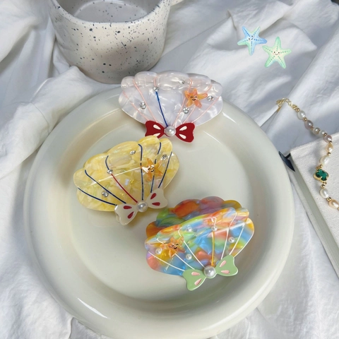 Acetate Shell Hair Claw Clip For Women Cute Colorful Starfish Bow Decor Rhinestone Artificial Pearl Hair Accessories