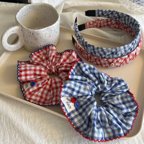 Accessoires Cheveux en Tissu Écossais Chouchou à Carreaux Boutons Décoratifs Serre-tête Femme Style Coréen