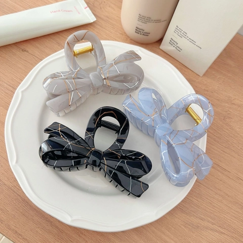 French Style Irregular Bow Hair Claw Clip For Women Gold Line Marble Pattern Elegant Plastic Polished Retro Hair Accessories Gift
