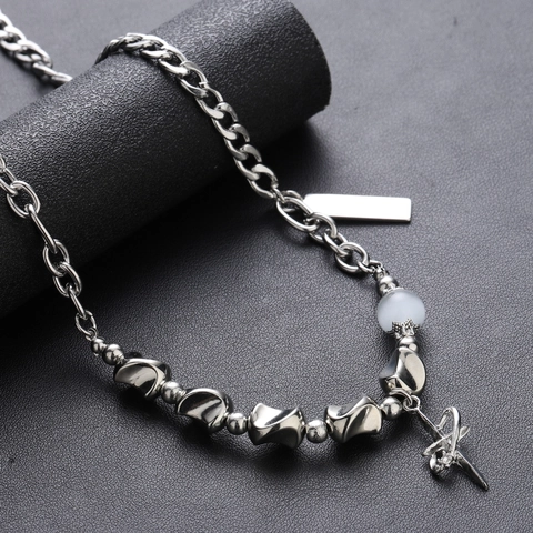 Collier Pendentif Croix Étoile en Acier Titane Avec Pierre Oeil de Chat Strass Chaîne Épissage Géométrique Bijoux Unisexe