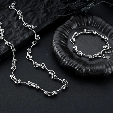 Minimalistisches Edelstahl Wellen Gliederkette Armband Set Für Herren Damen Silber Farbe Perlenkette Handgefertigte Trendige Schmuck Zubehör
