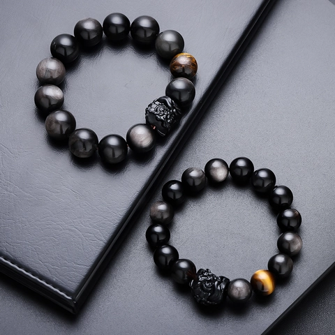 Men Beaded Bracelet Amber Tiger Eye Obsidian Pixiu Ethnic Handmade Protection Wealth Good Luck Gift Bracelet Men Jewelry