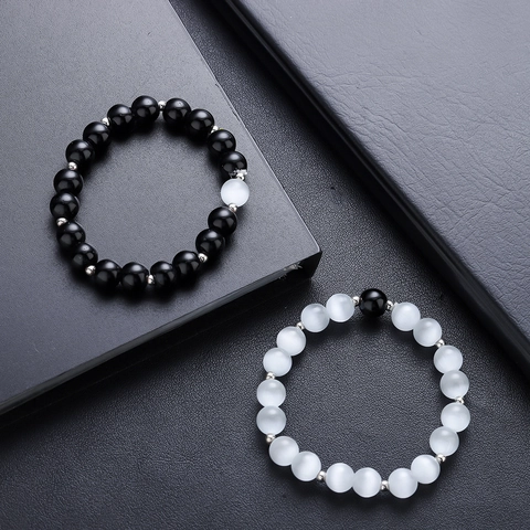 Retro Obsidian And Cat's Eye Stone Beaded Bracelet For Men Women Geometric Round Bead Hand String Minimalist Jewelry Gift