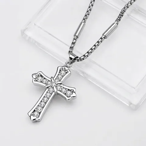 Titaniumstaal Kruis Hanger Halsketting Voor Mannen Vrouwen Hip Hop Zilver Strass Ingelegd Mode Sieraden Dagelijks Feest