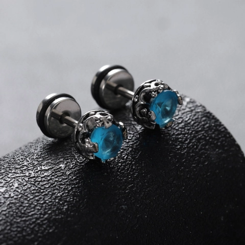 Blauer Zirkon Ohrstecker Für Herren Damen Punk Vintage Krone Titanstahl Schraubverschluss Einzelner Ohrring Modeschmuck