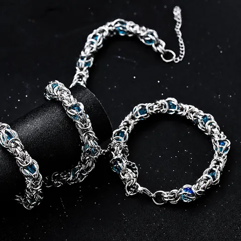 Ensemble de Bijoux Chaîne Byzantine en Acier Titane Saphir Synthétique Bleu Rouge Bracelet Collier Hip Hop Hommes Femmes