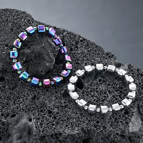 Minimalistisches Hämatit Magnet Würfel Perlenarmband Regenbogen Silber Metallglanz Stretch Armband Für Damen Herren Schmuck