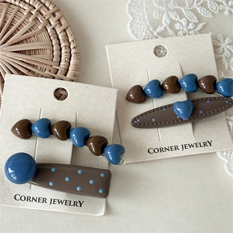 Korean Style Heart Polka Dot Hair Clips Set Resin Alloy Coffee Blue Contrast Color Side Bangs Clips For Women Fashion Hair Accessories