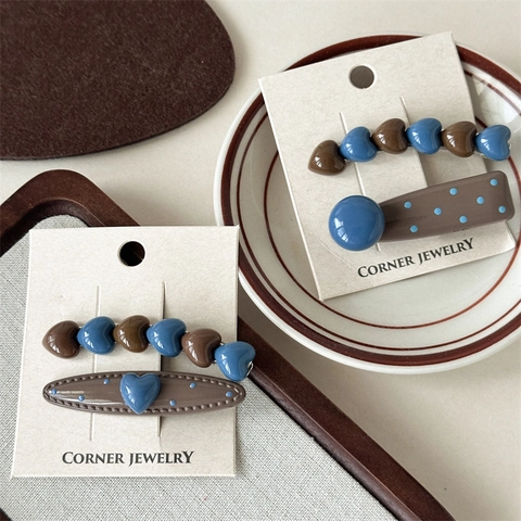 Korean Style Heart Polka Dot Hair Clips Set Resin Alloy Coffee Blue Contrast Color Side Bangs Clips For Women Fashion Hair Accessories
