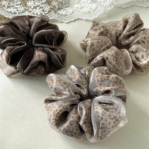 Leopard Print Mesh Double Layer Large Scrunchie Vintage Organza Hair Tie Fashion Ponytail Holder Elastic Hair Band For Women