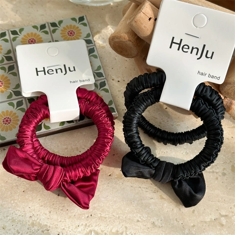Handmade Ruched Satin Bow Scrunchies For Women Elegant Red Black Elastic Hair Bands Hair Ties Ponytail Holder Hair Accessories