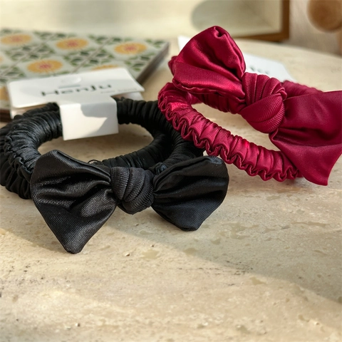 Handmade Ruched Satin Bow Scrunchies For Women Elegant Red Black Elastic Hair Bands Hair Ties Ponytail Holder Hair Accessories