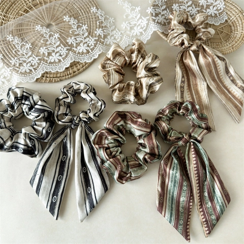 Vintage Ethnic Satin Scrunchies Ribbon Hair Ties Bohemian Polka Dot Striped Elastic Hair Rope Bow Headwear For Women
