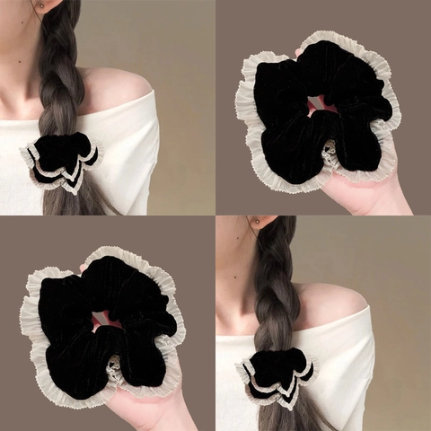 Coletero de Terciopelo Vintage con Perlas y Pliegues para Mujer Estilo Francés Elegante Rojo Negro Accesorios para el Cabello