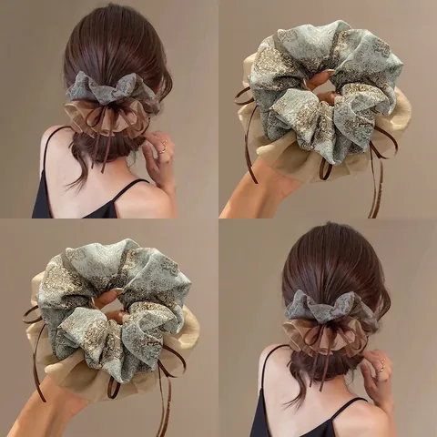 Französisch Retro Große Floral Haargummi Mit Doppelschicht Organza Bandschleife Elegante Satin Gaze Haarband Für Damen Schmuck