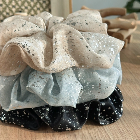 Grands Chouchous en Tissu Avec Impression Éclaboussure de Feuille d'Argent Élastiques à Cheveux Haute Élasticité Accessoires Cheveux Femme