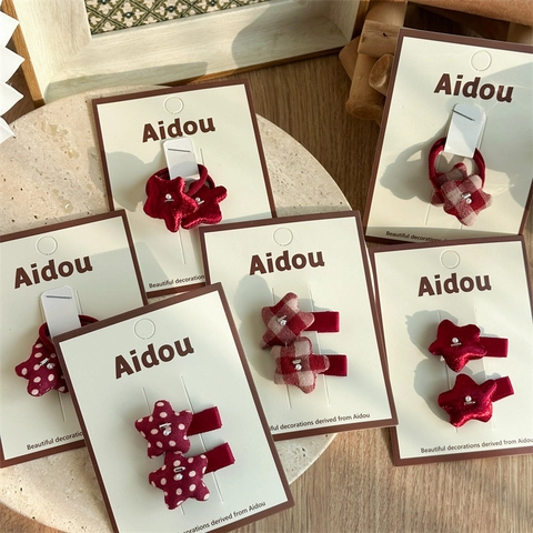 Pinzas Para El Pelo Y Gomas De Estrella Rojas Para Niñas Tela De Cuadros De Lunares Horquillas De Estrella Con Perlas Artificiales Accesorios Pelo
