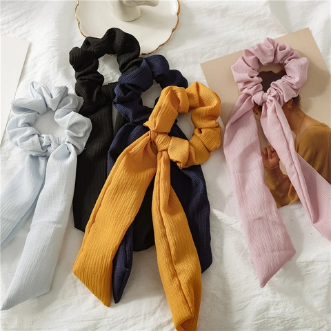 Elegant Fabric Ribbon Scrunchies Pleated Hair Tie Bow Hair Bands Solid Color High Elasticity Ponytail Holder Hair Accessory