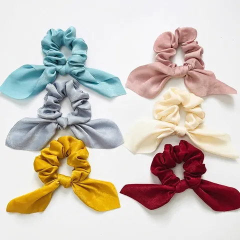 Vintage Solid Color Satin Bow Streamer Hair Scrunchie For Women Girls Elegant Rabbit Ear Hair Tie Fashion Hair Accessories