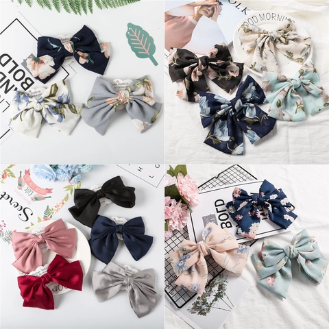 Pinza para el Cabello Lazo Grande de Gasa Estampado Floral Elegante Tela en Capas Clip de Resorte Accesorio para el Cabello Mujer
