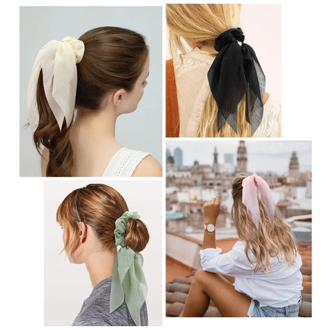Chiffon Ribbon Scrunchies With Gold Metal Buckle Striped Bow Streamer Hair Ties Elegant French Style Ponytail Holders Women Hair Accessories