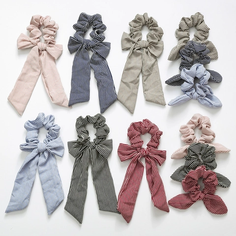 Striped Bow Streamer Hair Scrunchie Elastic Rabbit Ears Ponytail Holder Hair Tie Fashion Headwear Accessories For Women