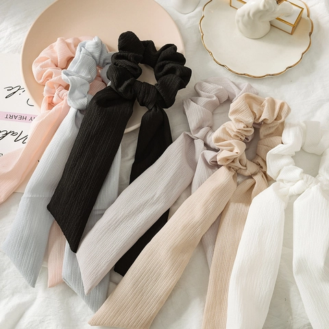 Elegant Fabric Ribbon Scrunchies Pleated Hair Tie Bow Hair Bands Solid Color High Elasticity Ponytail Holder Hair Accessory