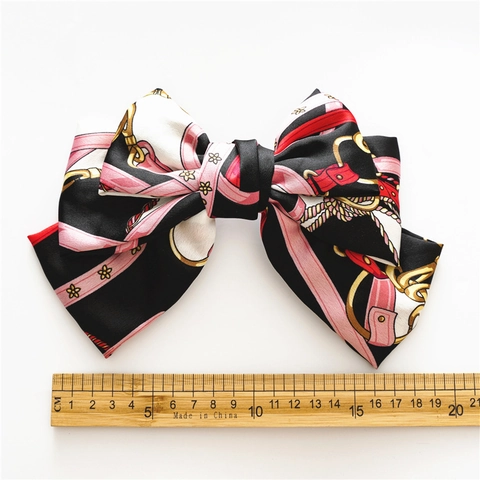 Pinza para el Cabello con Lazo de Satén Grande Vintage Francés para Mujer Estampado de Cadena Retro Elegante Clip de Resorte