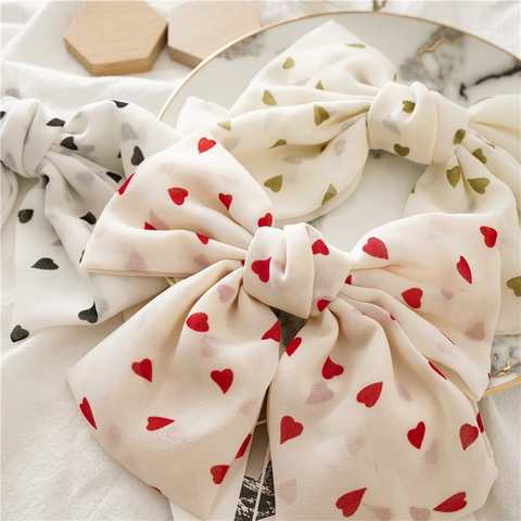 Pinza de Pelo de Lazo Grande de Gasa Dulce para Mujer Con Estampado de Corazón de Tela Doble Capa Clip de Resorte