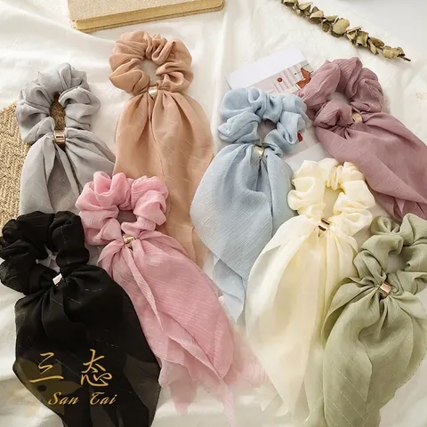 Chiffon Band Scrunchies Mit Goldener Metallschnalle Gestreifte Schleife Streamer Haargummis Elegante Französische Ponytail Halter Damen Haarschmuck