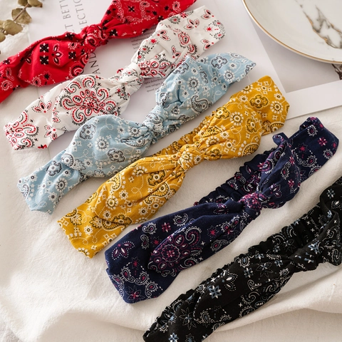 Vintage Paisley Print Bow Knot Hair Band For Women Elastic Fabric Rabbit Ears Headband Bohemian Floral Hair Accessories
