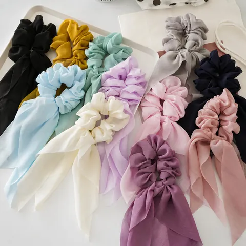 Long Streamer Bow Scrunchie Chiffon Hair Ring Solid Color Large Hair Rope For Women Girls Elegant Hair Accessories