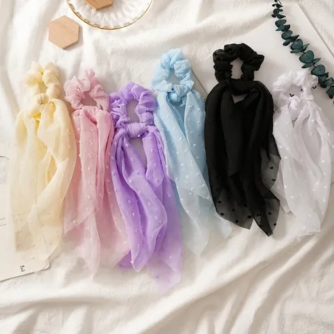 Coleteros de Cinta de Gasa Seersucker Dulces para Mujer Lazos para el Pelo Largos Color Sólido Lunares 3D Accesorios para el Pelo Sencillos Diarios