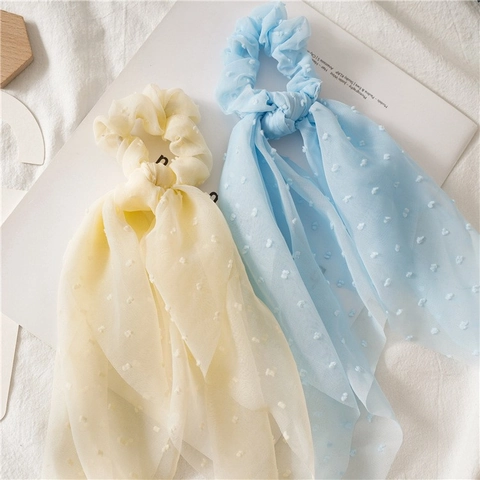 Coleteros de Cinta de Gasa Seersucker Dulces para Mujer Lazos para el Pelo Largos Color Sólido Lunares 3D Accesorios para el Pelo Sencillos Diarios