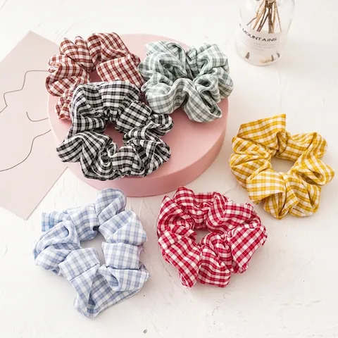 Korean Style Fabric Scrunchie For Women Classic Gingham Plaid Pattern High Elasticity Large Hair Tie Daily Decorative Hair Accessory