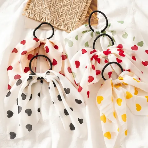 Damen Süßes Herz Druck Schleife Haargummis Elastische Chiffon Band Haarseile Frischer Stil Pferdeschwanz Halter Haarschmuck