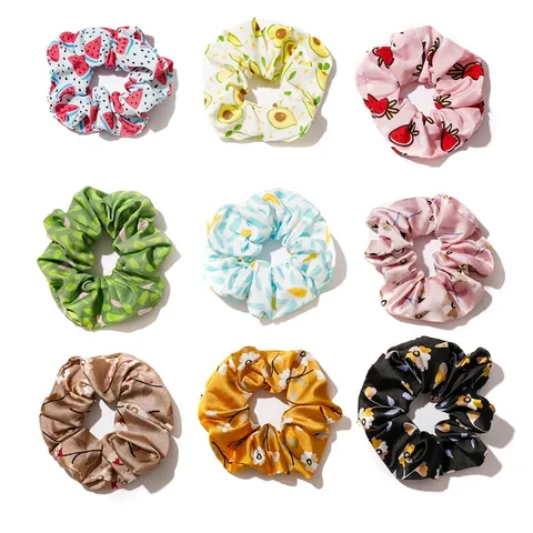 Chouchous Cheveux Style Japonais Imprimé Fruits Fleurs Tissu Doux Satin Élastique Bandeau Cheveux Accessoires Quotidien pour Femmes