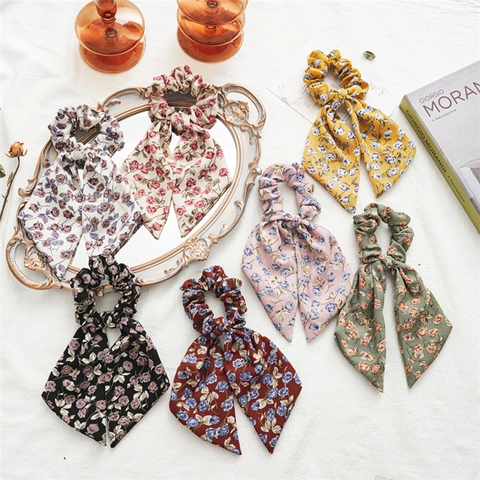 Koreaanse Stijl Grote Rozenbloemen Strik Lint Scrunchies Voor Vrouwen Retro Bedrukte Stof Haarelastiek Elastische Haarband Haaraccessoires
