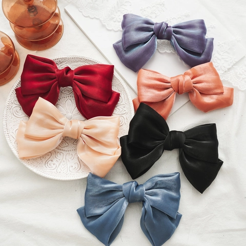 Large Chiffon Satin Double Layer Bow Hair Clip Elegant French Style Knot Spring Clip Fabric Hair Accessory For Women Girls