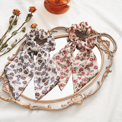 Koreaanse Stijl Grote Rozenbloemen Strik Lint Scrunchies Voor Vrouwen Retro Bedrukte Stof Haarelastiek Elastische Haarband Haaraccessoires