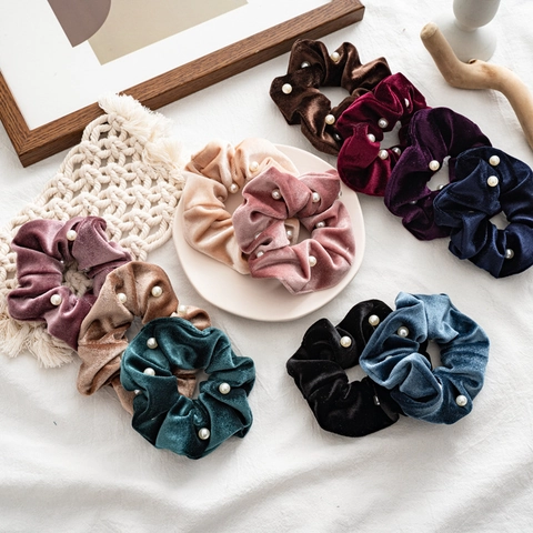 Coleteros de Terciopelo Vintage Con Perla Artificial de Imitación Decorativos Mujer Grandes Gomas de Pelo Elegantes Color Sólido Elásticos