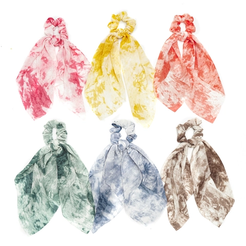 Donna Moda Tie-Dye Tessuto Sciarpa Scrunchie Con Lungo Nastro Boho Stile Vintage Elastico per Capelli Coda di Cavallo Accessori
