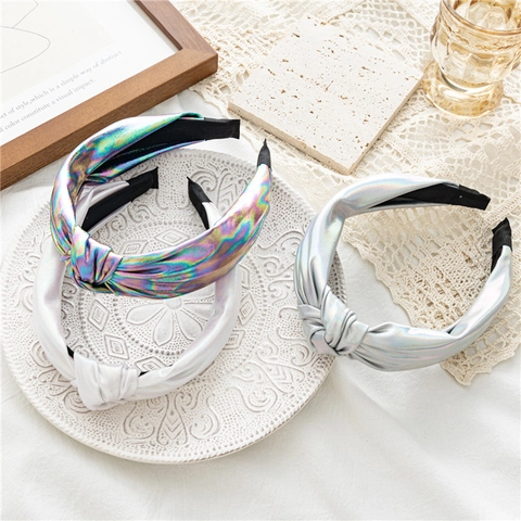 Serre-tête Noué à Revêtement Métallique Vintage Pour Femmes Bord Large Holographique Laser Cerceau à Cheveux Mode Accessoires De Coiffure Simples