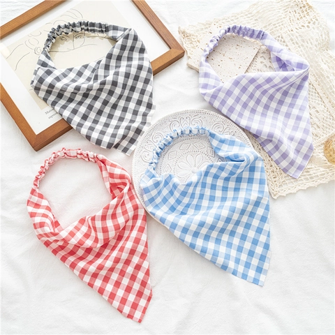 Fazzoletto Triangolare Scozzese da Donna Fascia per Capelli Elastica Gingham Turbante Boho Casual Accessori per Capelli