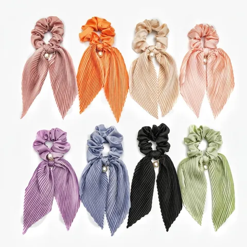Elastico per Capelli in Raso Plissettato Con Fiocco a Nastro Lungo e Perla Artificial Sintetica Elegante Supporto per Coda di Cavallo Accessori Capelli Donna