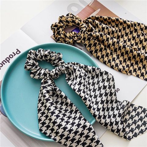 Κομψά Σατέν Λαστιχάκια Μαλλιών Houndstooth Με Μακριά Κορδέλα Φιόγκο Για Γυναίκες Vintage Μεγάλα Λαστιχάκια Μαλλιών Ponytail Αξεσουάρ