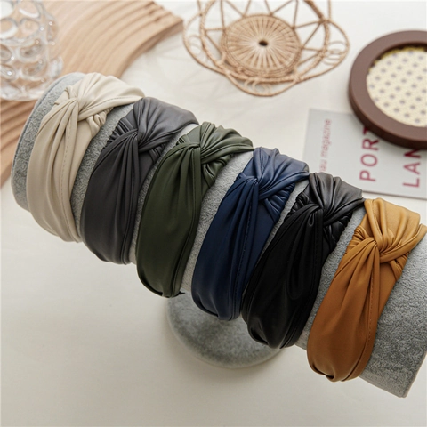 Fascia per Capelli da Donna Retrò in Pelle Artificiale con Nodo Incrociato a Tinta Unita Cerchietto alla Moda Semplice
